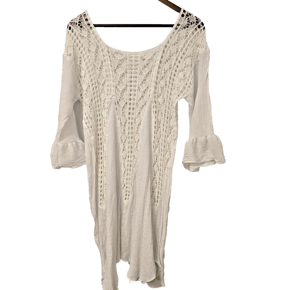 Sheer White Gauze Crochet Tunic Dress Boho Beach Top Coverup XL Festival Coastal